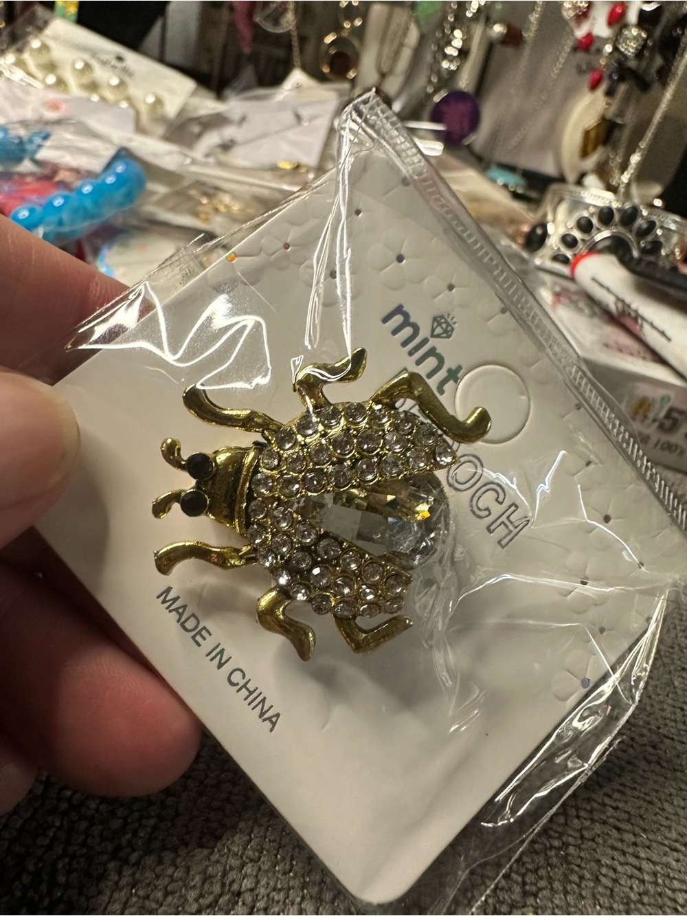 Gold Crystal Beetle Brooch with Clear Rhinestones